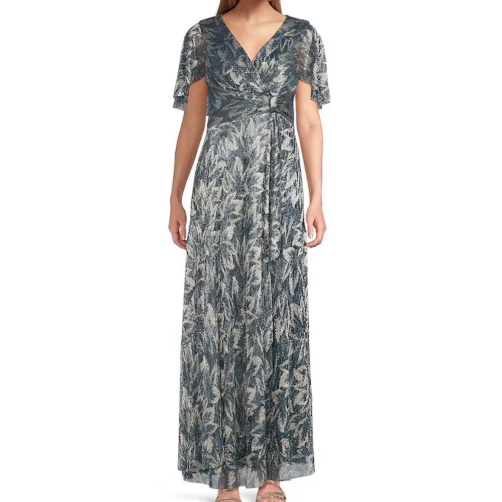 NWT R&M Richards Blue Gold Leaf Metallic Pleated Flutter Sleeve Dress Gown Sz 6 - Picture 1 of 14